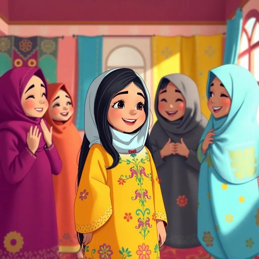 Fatima, a young Arab girl with long black hair in a colorful embroidered niqab, and her friends trying on different niqabs in a bright room, colorful fabrics and patterns around them, laughing and having fun, illustration, joyful, engaging, child-friendly
