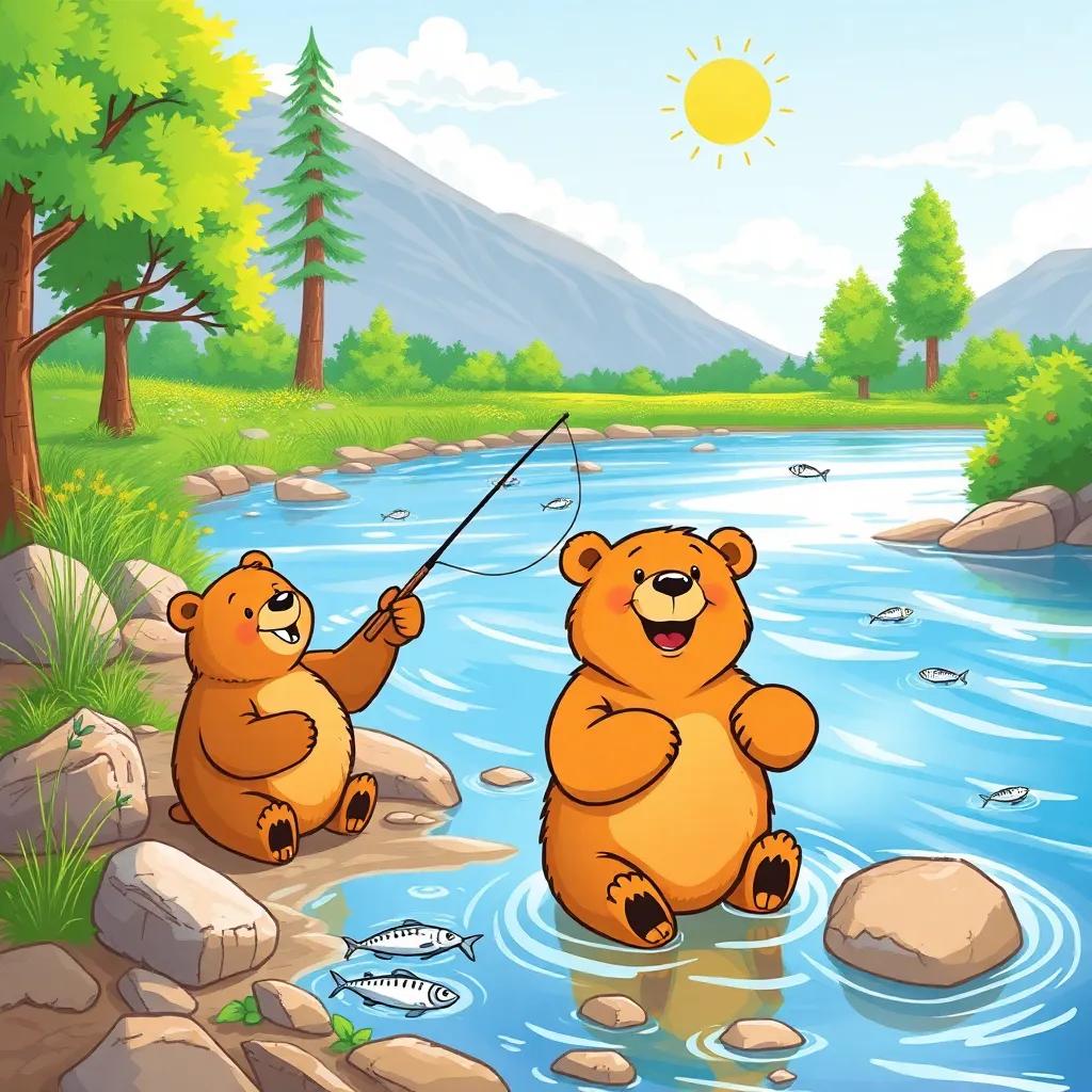 A sunny riverbank with friendly bears fishing for sardines, one brown bear looking excited, calm water flowing, bright and cheerful colors, inviting atmosphere, high quality