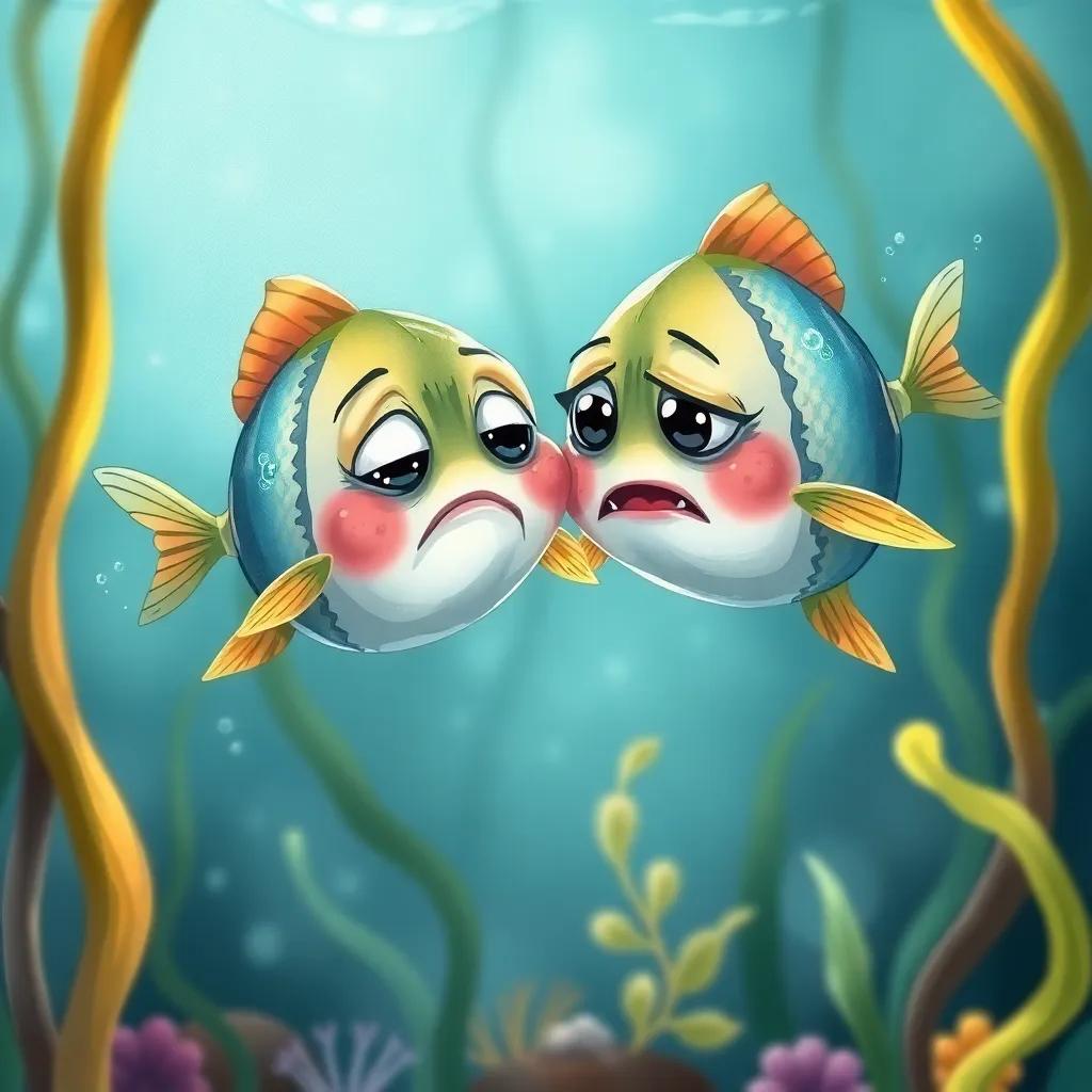 Two small sardines, one looking upset and the other frustrated, swimming together in the water, surrounded by seaweed, colorful underwater scene, playful style, engaging perspective, high quality