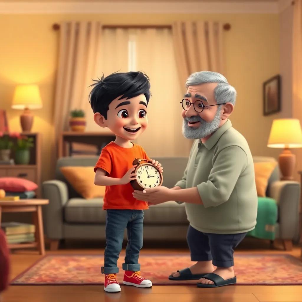 A young Arab boy, Adil, with short black hair, wearing a bright t-shirt and jeans, joyfully receiving a beautiful clock from his grandfather in a cozy living room, digital art, warm colors, inviting atmosphere, child-friendly