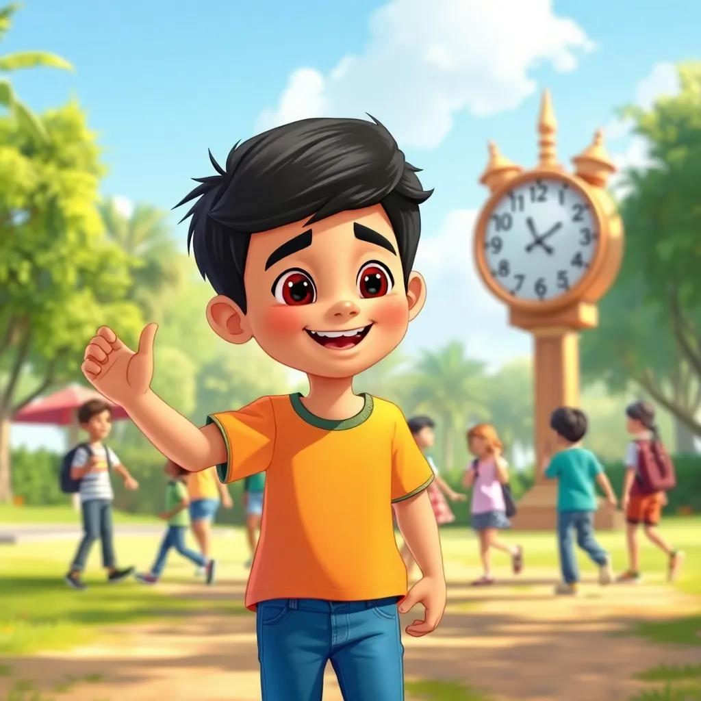 A young Arab boy, Adil, with short black hair, wearing a bright t-shirt and jeans, playing with his friends in a sunlit park, while a colorful clock rings in the background reminding him of prayer time, illustration, cheerful, vibrant colors, adventurous mood