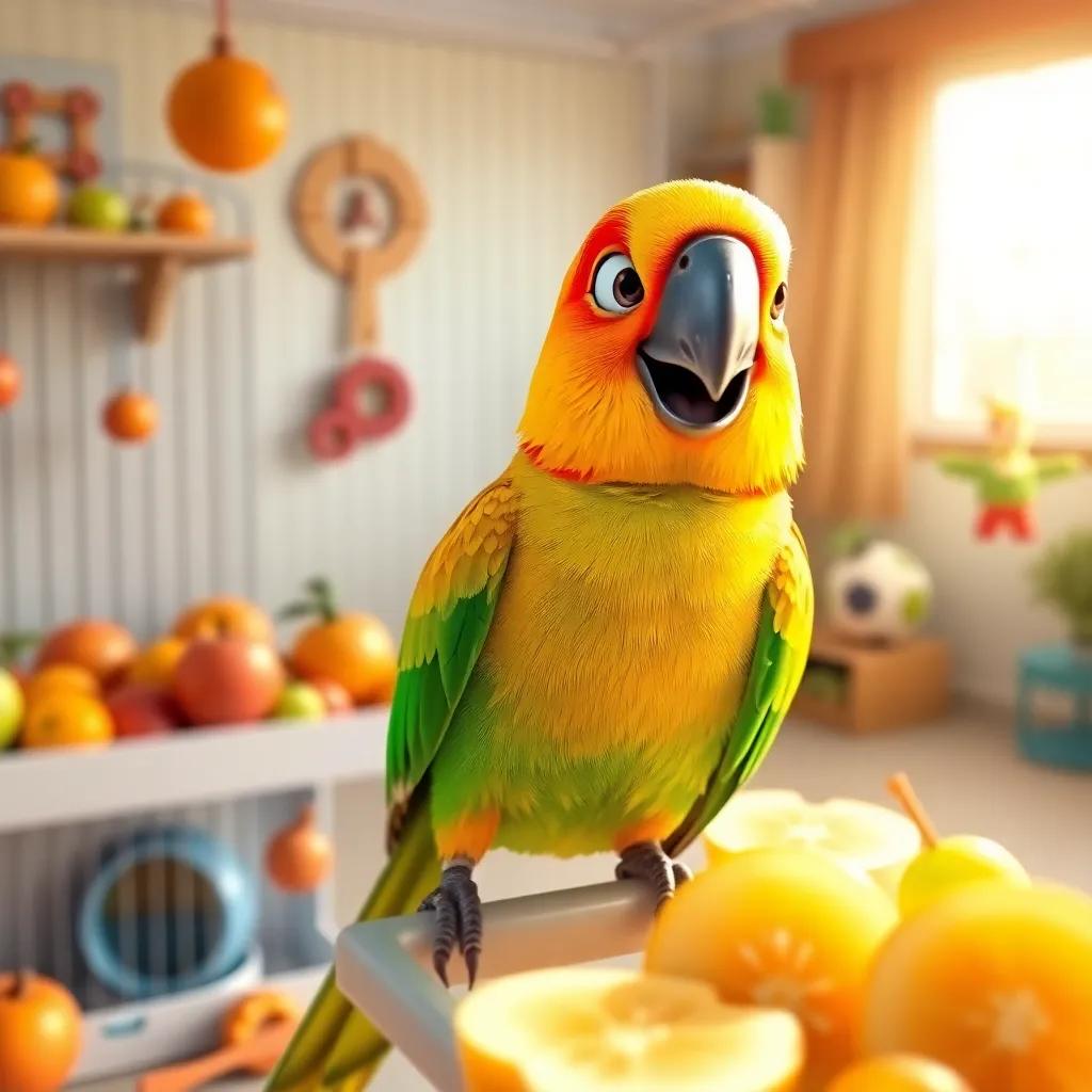 A colorful conure parrot, with bright yellow, orange, and green feathers, happily eating fresh fruits like apples and grapes in a clean cage, well-lit room with toys around, warm sunlight, joyful and playful scene