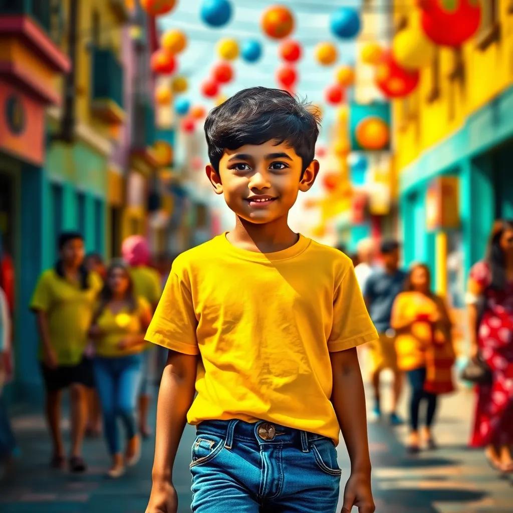 A young Arab boy, Sami, with short black hair and wearing a bright yellow t-shirt and blue jeans, walking alone on a colorful street with happy people around him, digital art, vibrant colors, cheerful atmosphere, high quality
