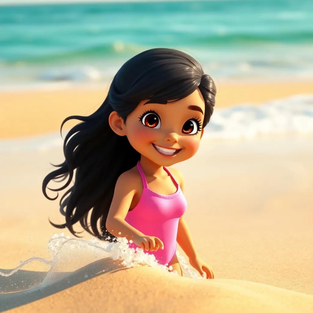 A happy young Arabic girl, Leila, with long dark hair, wearing a pink swimsuit, playing on the beach with soft golden sand and gentle waves, bright sunlight, cheerful atmosphere, digital art, high detail