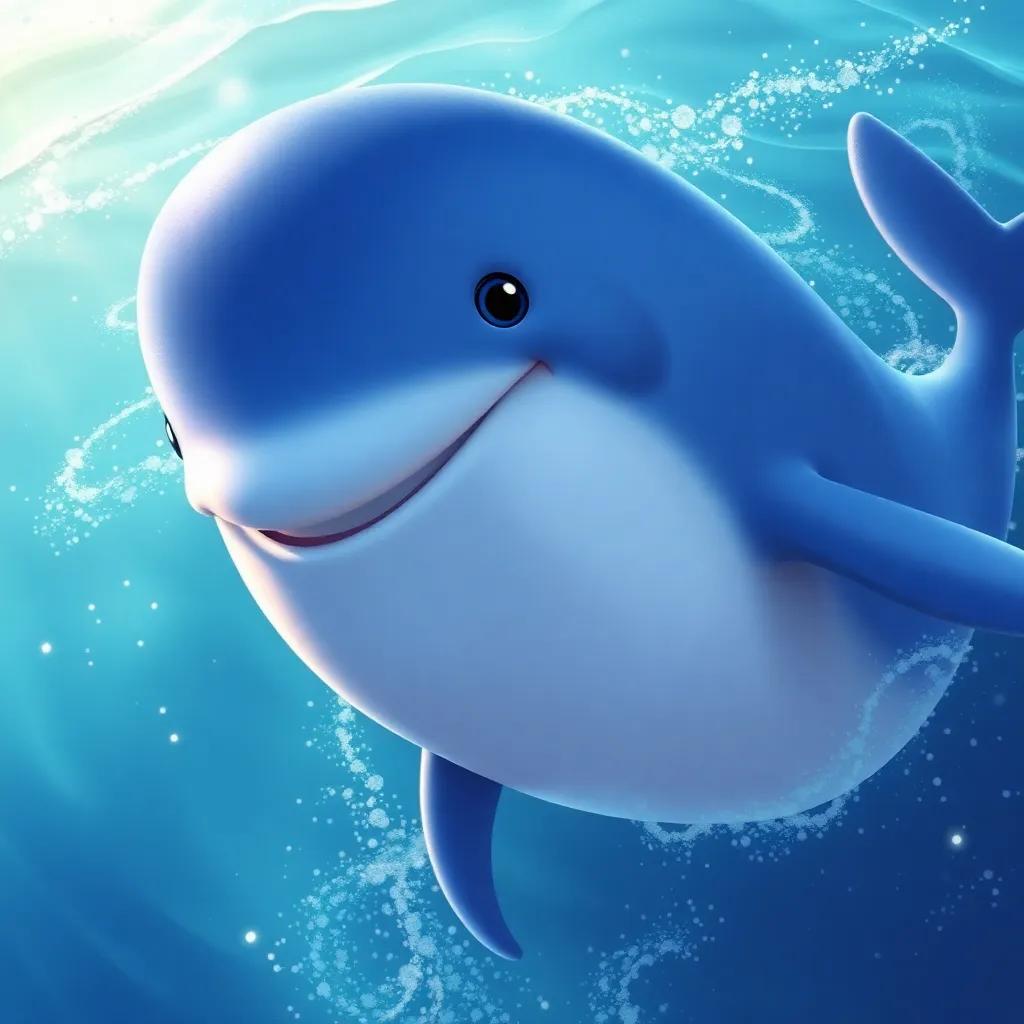 A giant blue whale, Sami, swimming gracefully in the ocean, with sparkling water around, smiling warmly at Leila, vibrant colors, playful mood, close-up