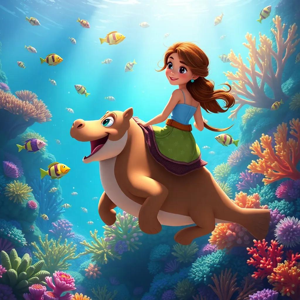 Leila riding on Sami's back, exploring colorful coral reefs with various fish swimming around, sunlight sparkling through the water, magical underwater world, fantasy illustration