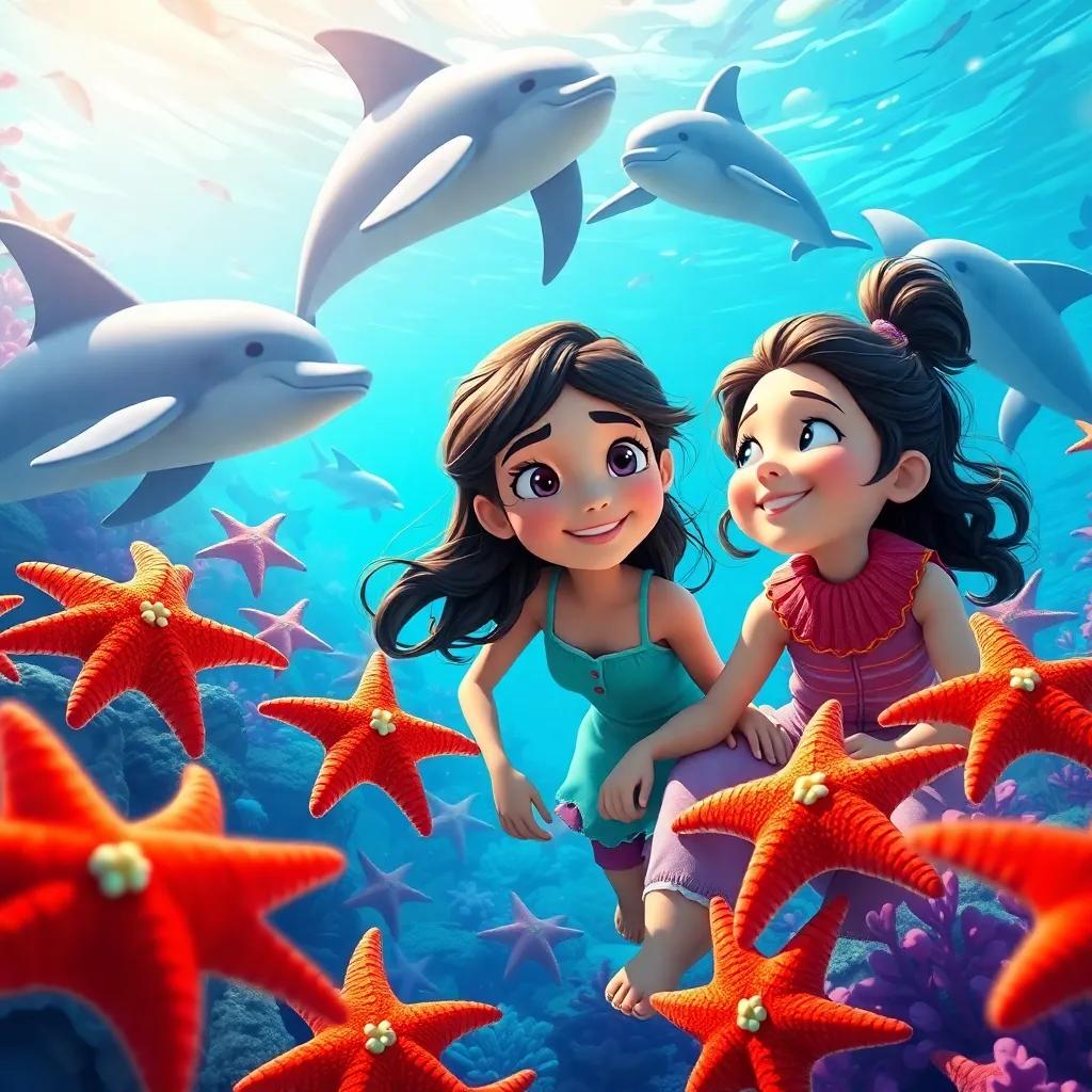 Leila and Sami enjoying their adventure together, surrounded by stunning marine life including sea stars and playful dolphins, bright colors, adventurous atmosphere, dynamic perspective