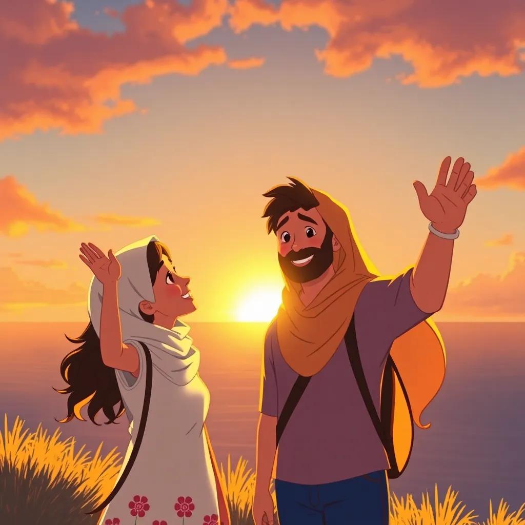 Leila waving goodbye to Sami as the sun sets over the horizon, warm golden light, friendly smile, memories of their journey, heartwarming scene, digital painting, uplifting