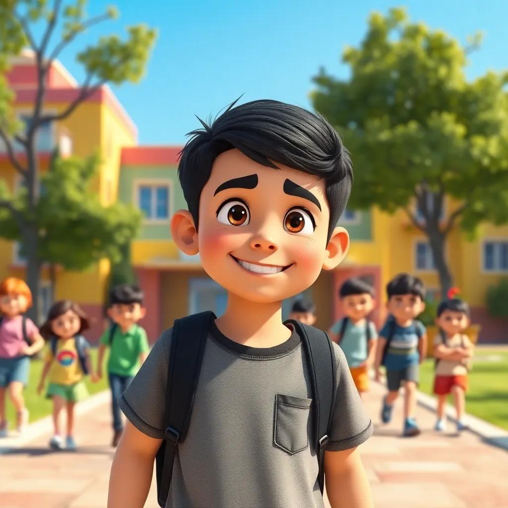 A young Arab boy, Sami, with short black hair and a cheerful smile, walking towards a colorful school building with other kids, looking a bit nervous. The scene is bright with sunlight and green trees, digital art, vibrant colors, inviting atmosphere, high quality.