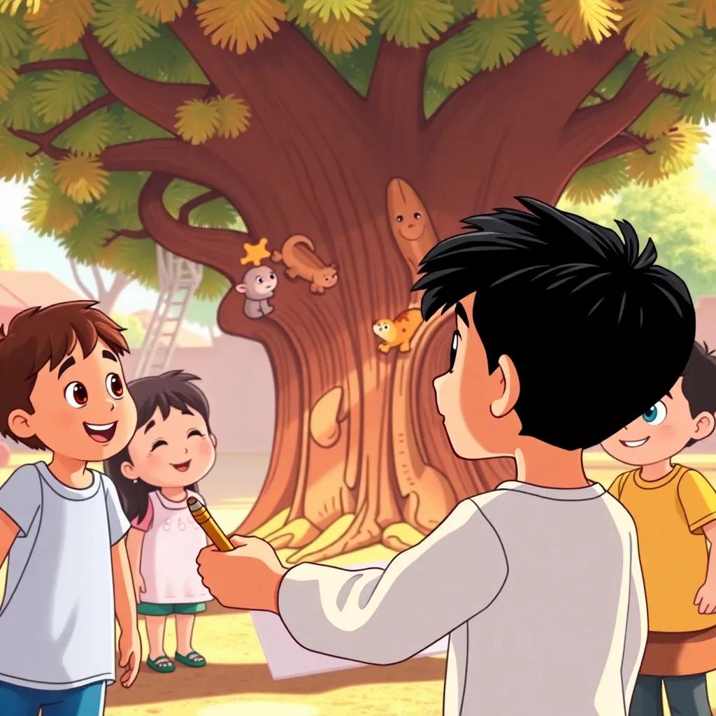 Sami, a young Arab boy with short black hair and a colorful painting hat, drawing a big tree with cute animals in front of a group of kids, who are amazed and smiling. The playground is sunny, filled with laughter, illustration, joyful, child-friendly, warm colors.