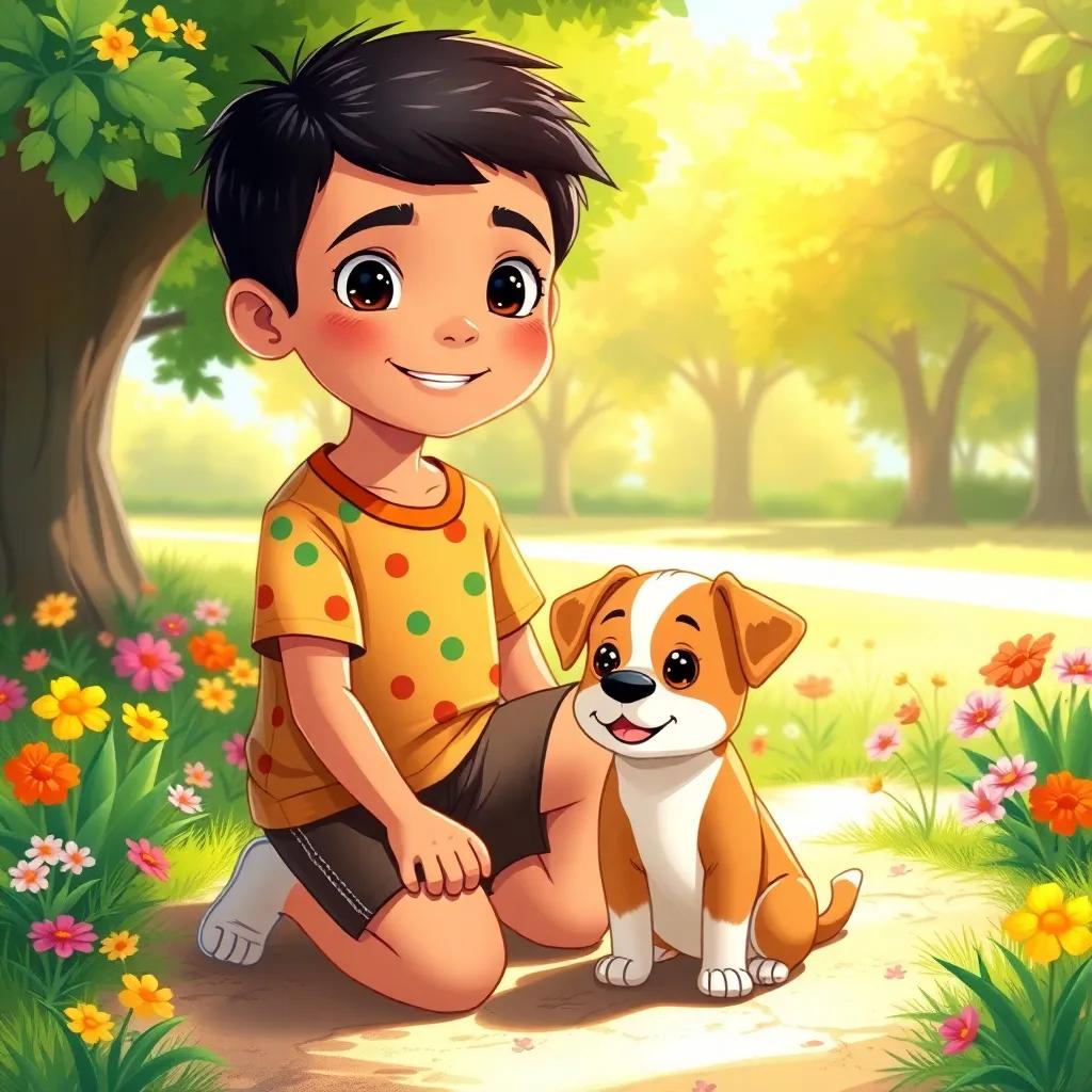 A young Arab boy, Sami, with short black hair wearing a colorful t-shirt and shorts, kneeling next to a small lost puppy in a sunny park, colorful flowers blooming around, warm sunlight, friendly and inviting, digital painting, heartwarming scene, charming environment