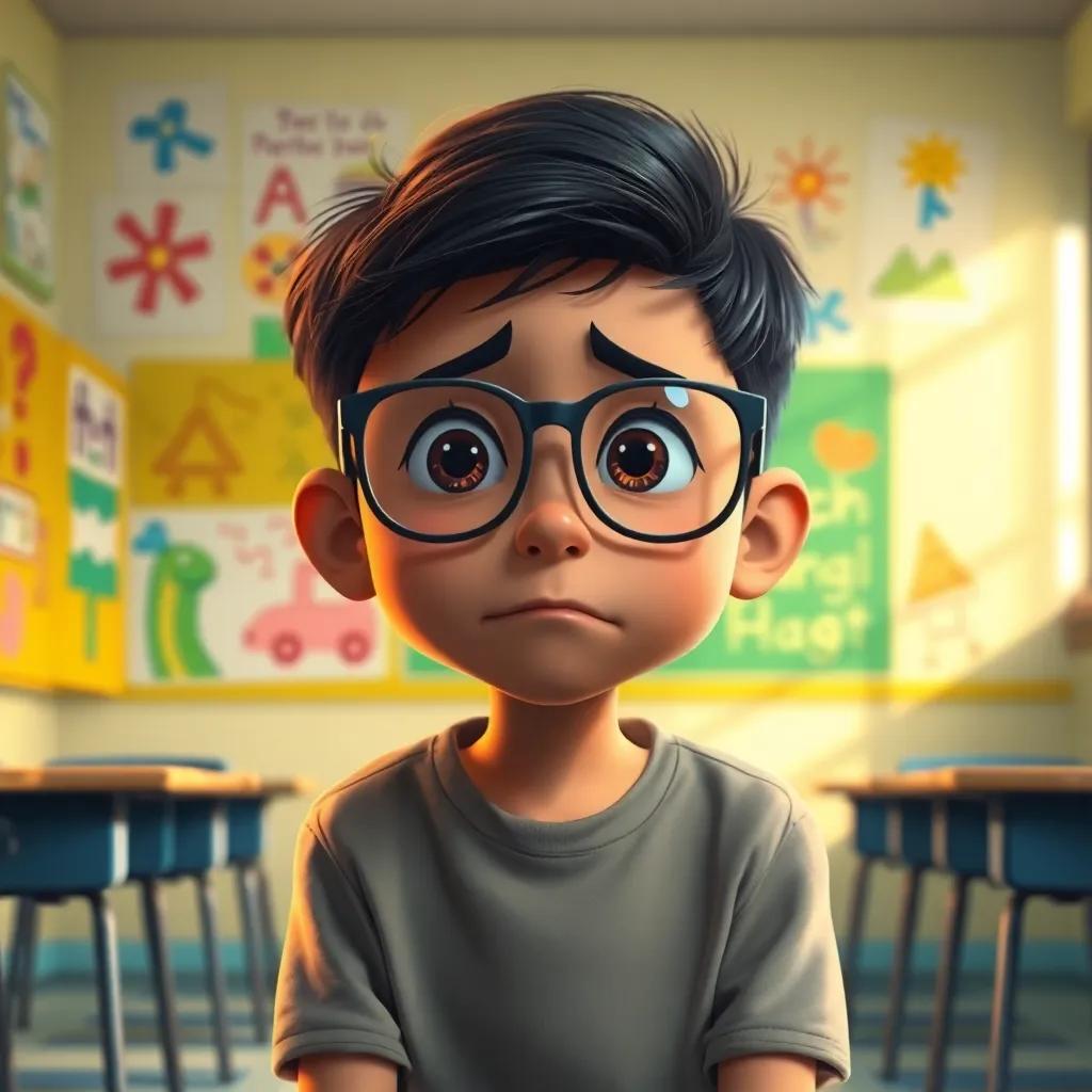 A sad boy named Sami, with short dark hair and wearing big glasses, sitting alone in a classroom filled with colorful drawings on the walls, digital art, vibrant colors, warm light, focused perspective, high quality
