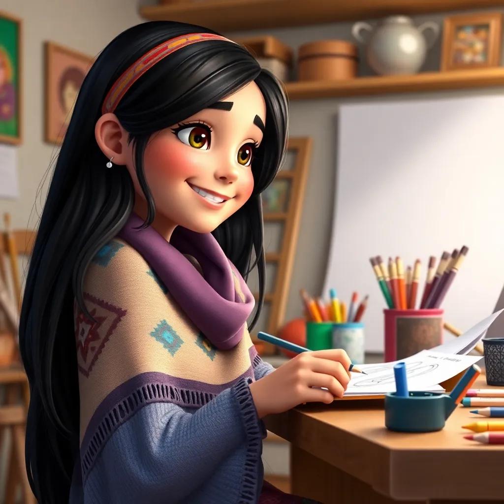 A girl named Leila, with long dark hair and wrapped in a colorful scarf, smiling at Sami as she learns to draw, surrounded by art supplies, friendly atmosphere, digital art, soft lighting, inviting colors, heartwarming perspective, high quality