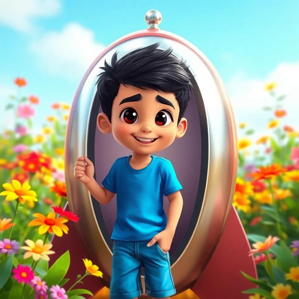 A young Arab boy, Yasser, with short black hair, wearing a blue t-shirt and shorts, entering a shiny rocket in his garden, colorful flowers around, digital art, bright colors, cheerful atmosphere
