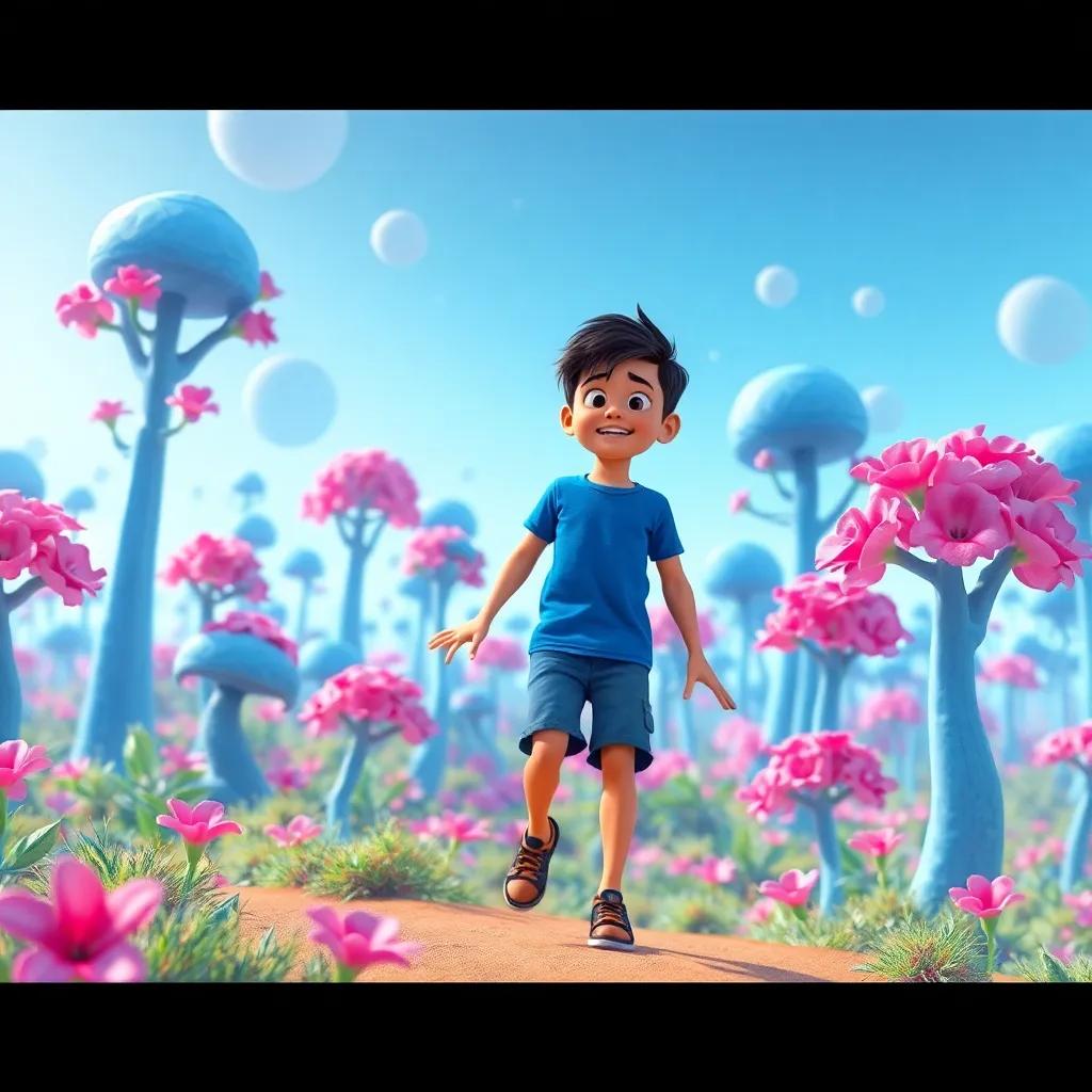 A young Arab boy, Yasser, with short black hair, wearing a blue t-shirt and shorts, landing on a colorful alien planet full of blue trees and pink flowers, looking amazed, bright and vibrant colors, cheerful scene