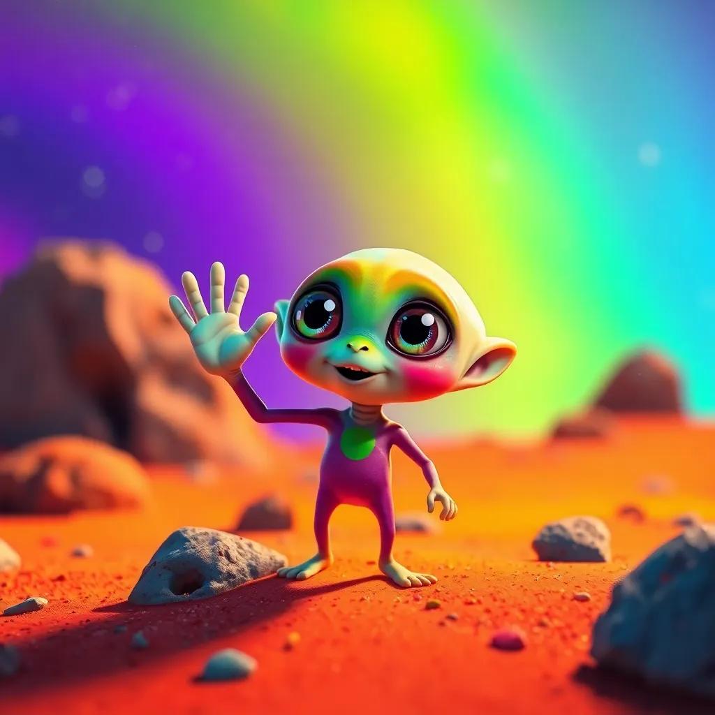 An alien creature, Zuzu, small with big eyes and colorful skin, waving to Yasser on the colorful alien planet, friendly and welcoming atmosphere, bright light, fantasy art, playful vibe