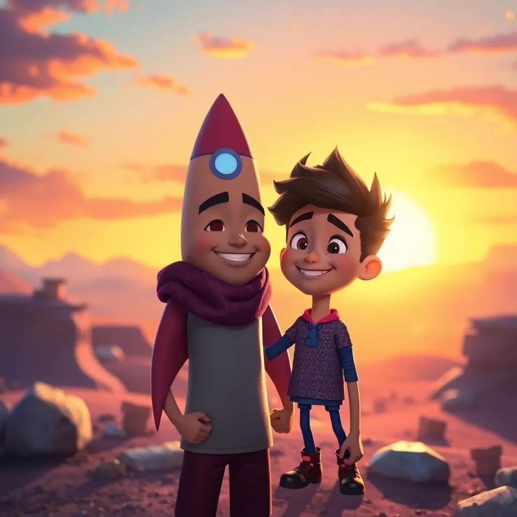Yasser, with a smile, saying goodbye to Zuzu, standing by his rocket with a colorful alien landscape in the background, bright and warm sunset, heartwarming atmosphere, digital painting