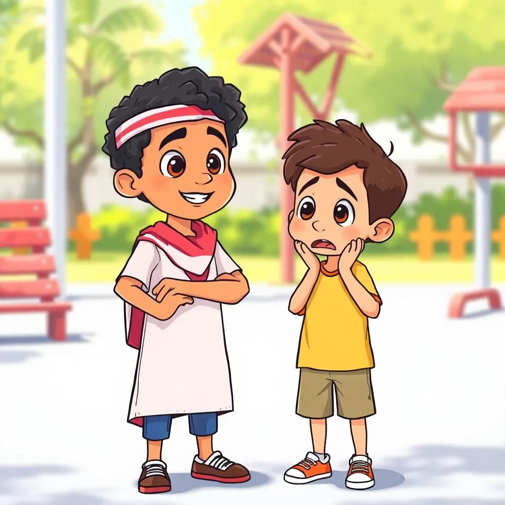 A young Arab boy, سعيد, with curly hair, standing confidently next to سالم, confronting another boy, كمال, who looks surprised and ashamed, bright playground setting, illustration, cheerful, child-friendly, high quality