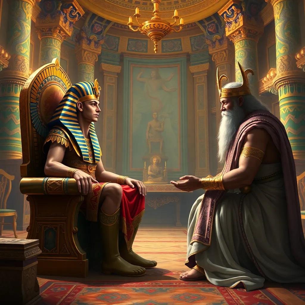 A powerful Pharaoh, sitting on a grand throne adorned with gold, discussing with cunning Haman in a lavish palace, colorful and intricate decorations, digital art, warm light, rich colors, high quality