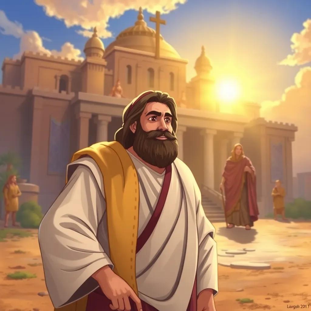 Moses, a strong prophet with a determined expression, standing confidently in front of Pharaoh's palace, surrounded by bright sunlight, engaging in a deep conversation, illustration, uplifting, hopeful mood, child-friendly