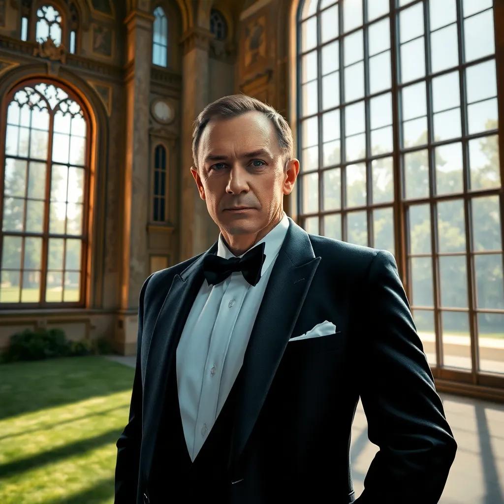 A luxurious old castle in France, sunlight streaming through large windows, with James Bond standing confidently next to a grand glass window, wearing a tuxedo and a serious expression, detailed digital art, warm colors, elegant atmosphere, high quality