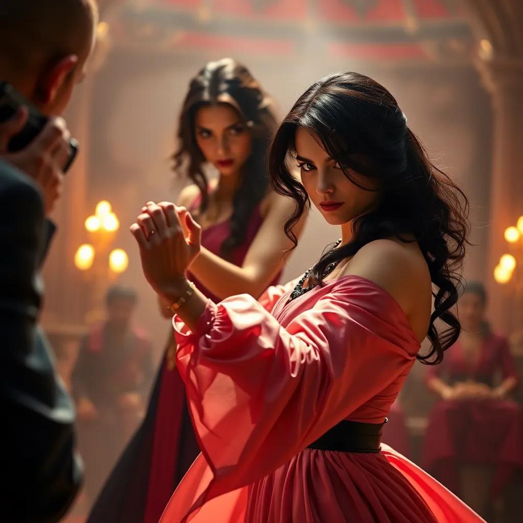 Isabelle, a 19-year-old noblewoman, standing tall with dark hair and a fierce expression, wearing a flowing elegant dress, in a dramatic fighting stance facing James Bond, vibrant colors, intense atmosphere, action scene, high quality