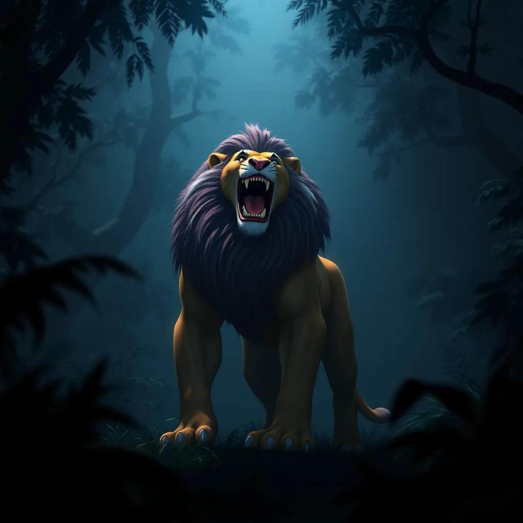 A strong lion standing tall with a fierce expression, roaring in a dark jungle, with dense trees and shadows around, illustrating the setting of the story, vivid colors, powerful atmosphere, high detail