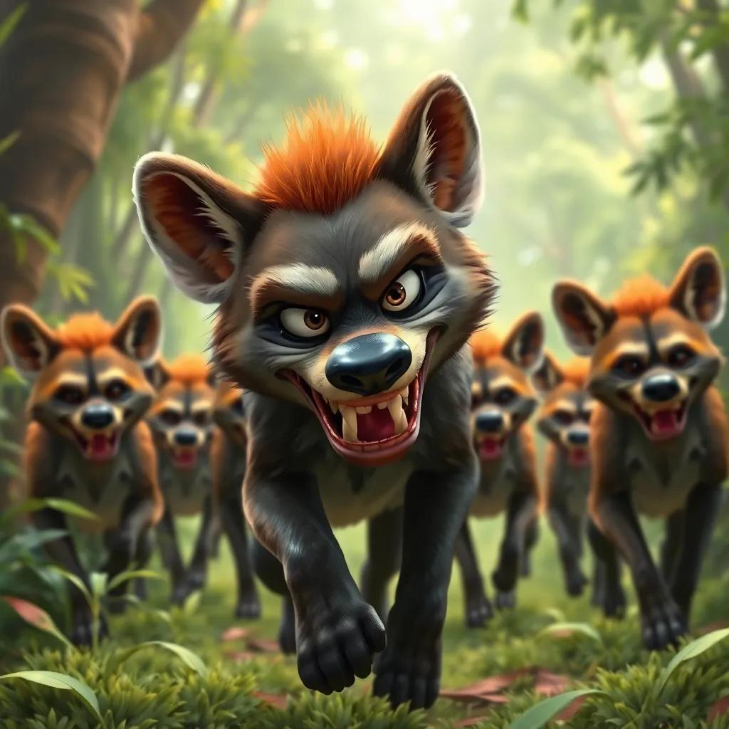 A cunning hyena with a mischievous grin leading a group of hyenas in the jungle, surrounded by trees and foliage, illustrating the cleverness and planning, bright colors, interesting composition, high detail