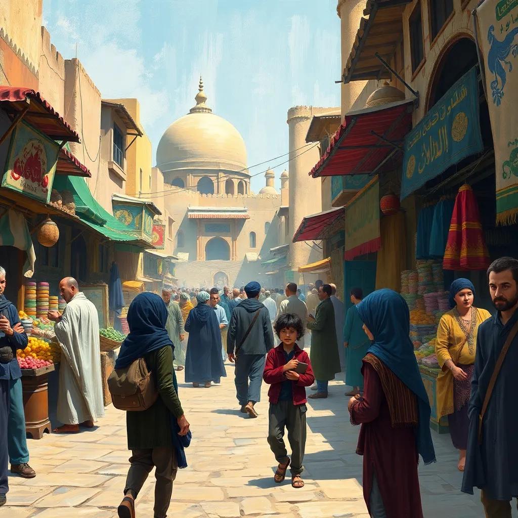 A vibrant marketplace in ancient Damascus, bustling with traders and colorful stalls, young boys talking excitedly about the Umayyad rule, detailed digital art, warm colors, lively atmosphere, high quality