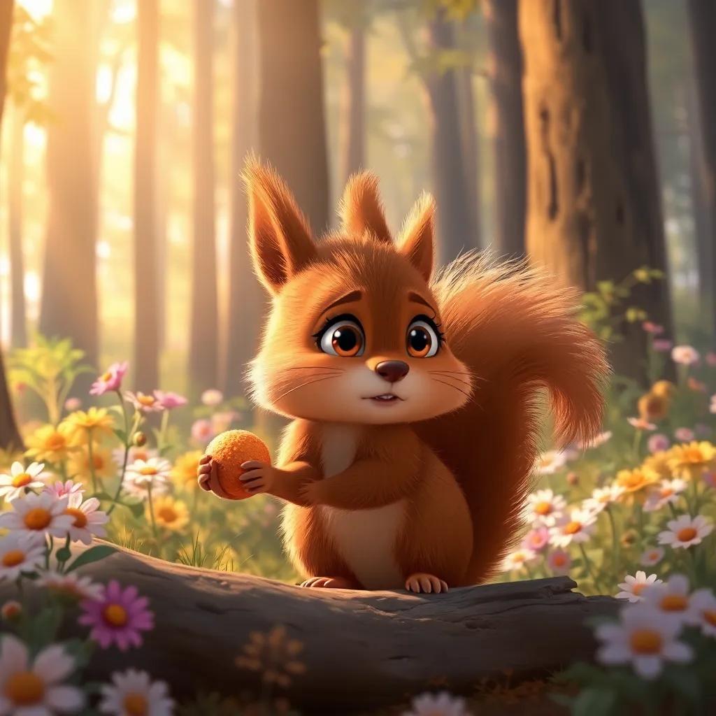 A female squirrel, Sama, with fluffy brown fur, looking worried while searching for food in a dense forest full of tall trees and wildflowers, cheerful and cute, digital art, vibrant colors, warm light, detailed background, cozy atmosphere