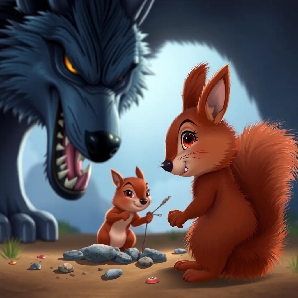 Sama, a female squirrel, with fluffy brown fur, gathering small stones and twigs while glancing back at a huge wolf with sharp teeth and a menacing look, illustration, tense situation, colorful, child-friendly, dramatic perspective, high quality