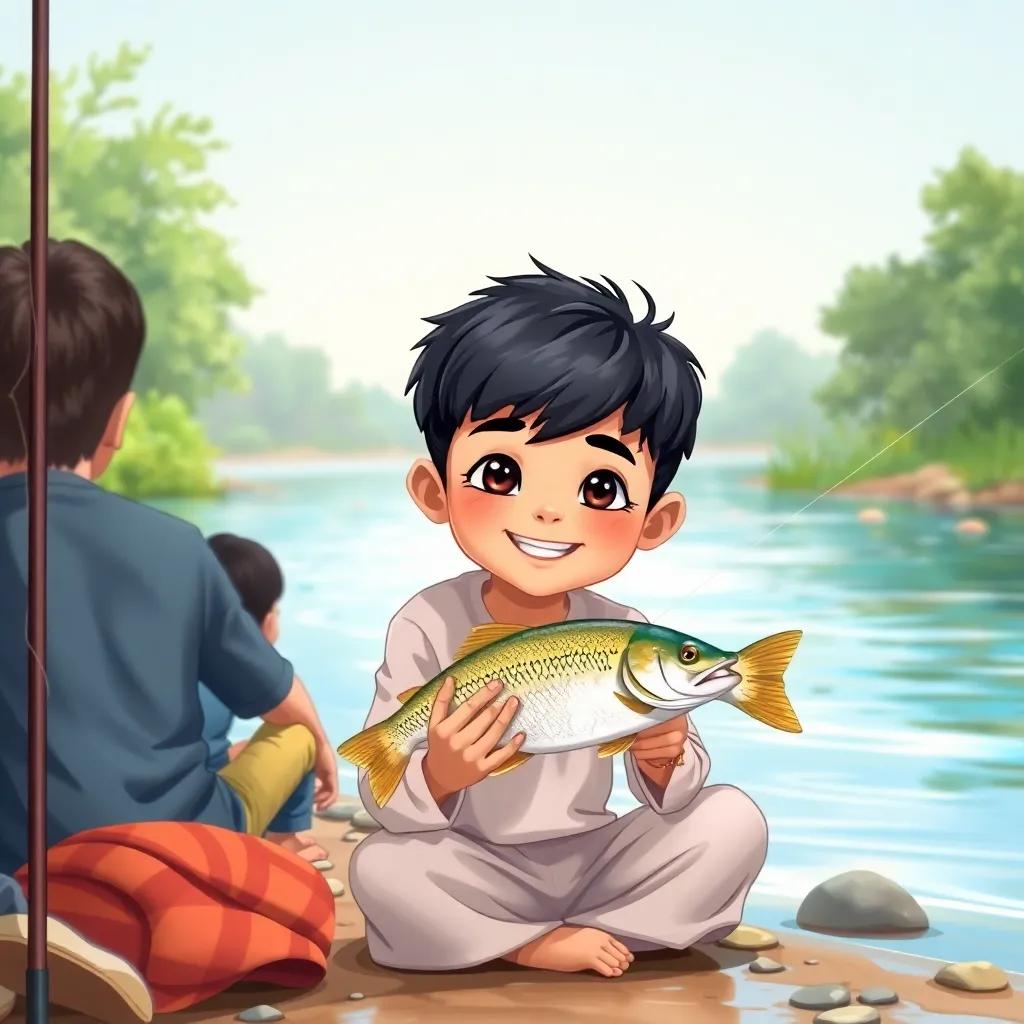 A young Arab boy, Sami, with short black hair, sitting on the riverbank with friends, holding a fishing rod, looking happy and proud with a fish in his hands, cheerful scene, colorful, child-friendly illustration, bright, uplifting