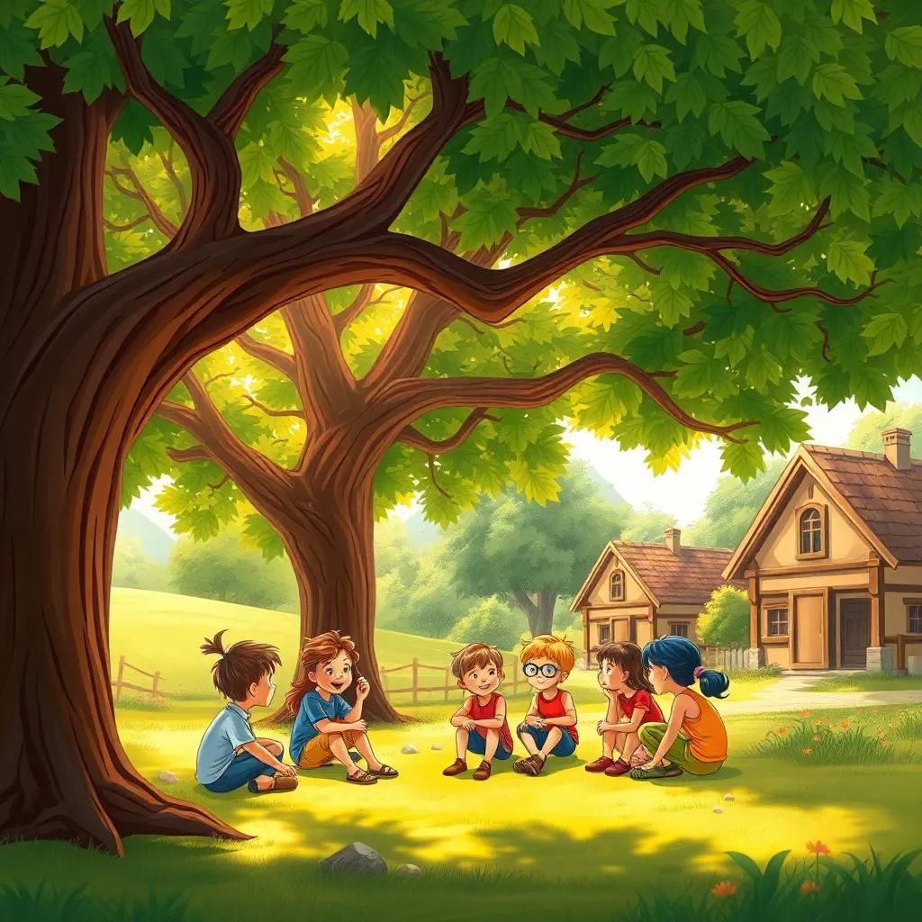 A group of children sitting under a large tree in a peaceful village, discussing their favorite heroes, with the sun shining through the leaves, illustration, cheerful, warm colors, child-friendly