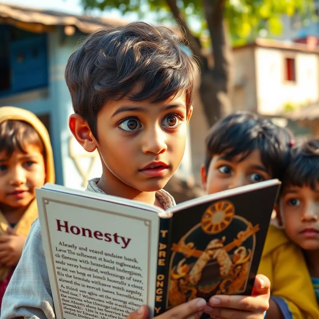 A young boy, Ali, looking curious while reading a book about honesty, surrounded by his friends, bright and colorful village backdrop, rich details, engaging atmosphere
