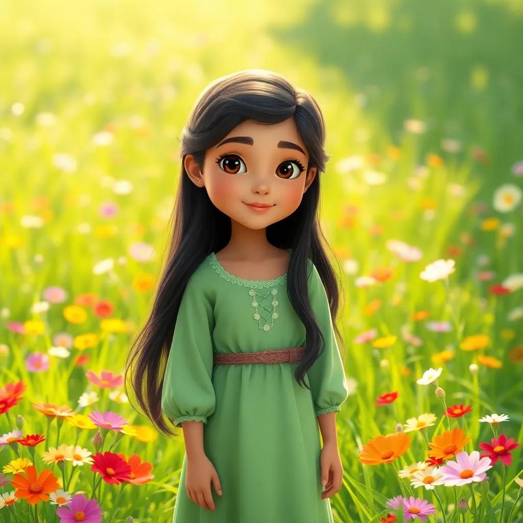 A young Arab girl, صفصاف, with long, dark hair wearing a light green dress, standing in a lush green meadow, surrounded by colorful flowers, bright sunlight, cheerful atmosphere, digital art, high quality