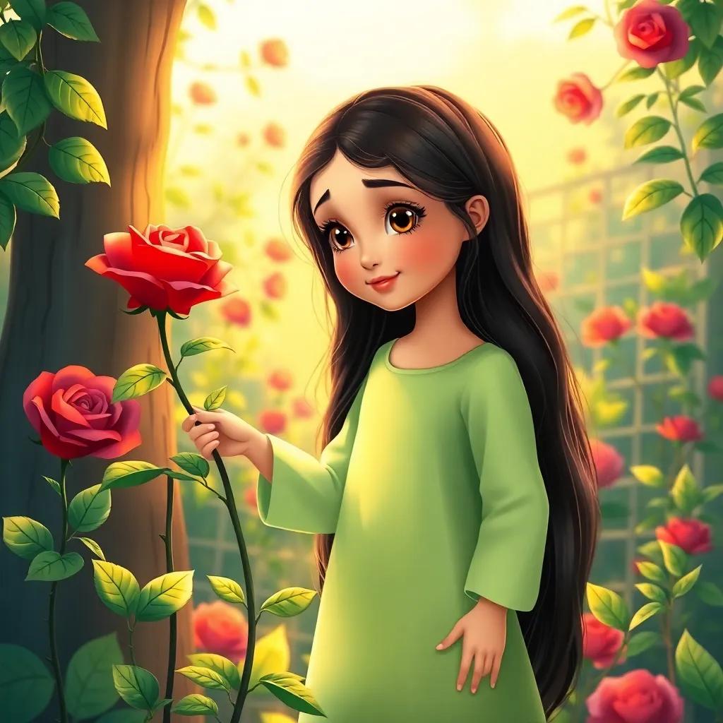 صفصاف, a young Arab girl with long, dark hair in a light green dress, gently touching a red rose in a vibrant garden, detailed, warm light, magical feel, child-friendly illustration