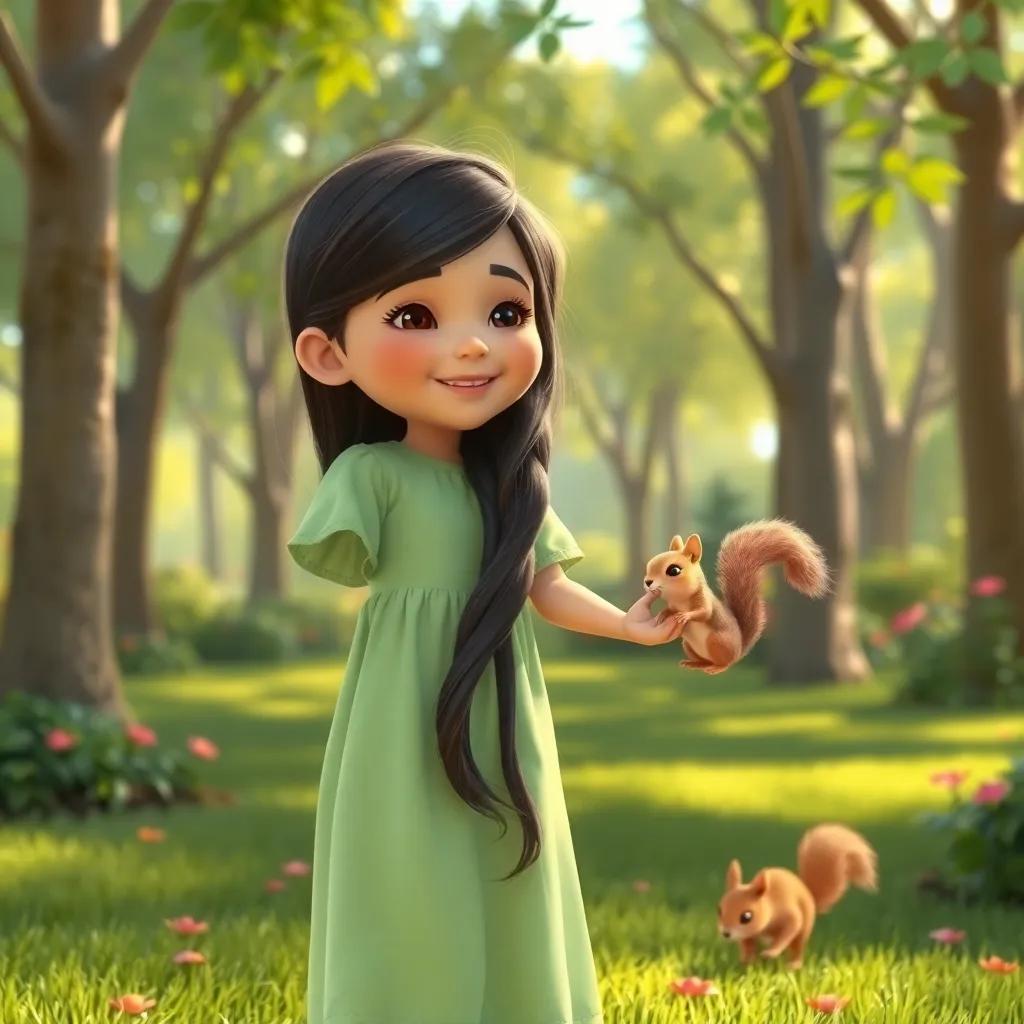 صفصاف, a young Arab girl with long, dark hair in a light green dress, joyfully playing with a small squirrel in a big garden filled with trees, cheerful colors, vibrant light, playful mood, digital art