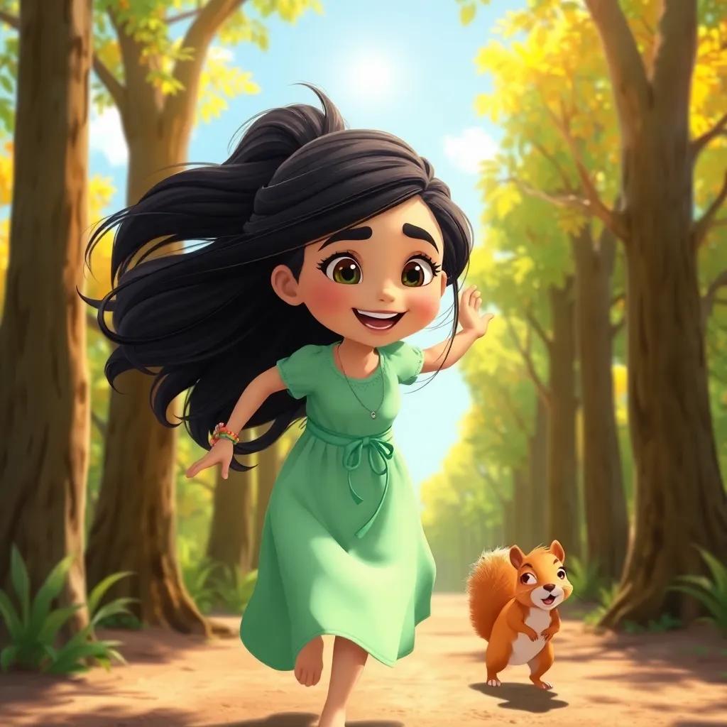 A young Arab girl, صفصاف, with long, dark hair, in a light green dress, running joyfully under the sunshine between trees with a playful squirrel, colorful nature, bright sunlight, adventure feel, high quality