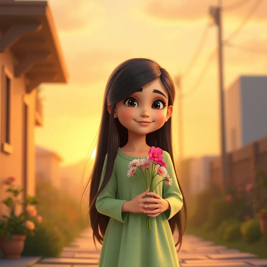 صفصاف, a young Arab girl with long, dark hair in a light green dress, walking home at sunset, smiling with flowers in her hands, warm light, heartwarming scene, colorful atmosphere