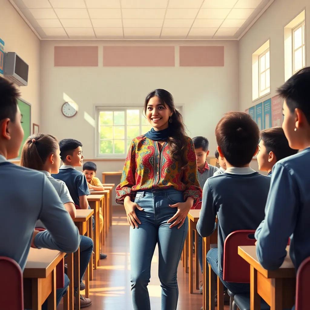 A bright sunny school scene, students in a lively classroom with SARA, a young Arab woman, wearing a colorful blouse and jeans, engaging with students, creating a cheerful atmosphere, digital art, vibrant colors, inviting setting, high quality