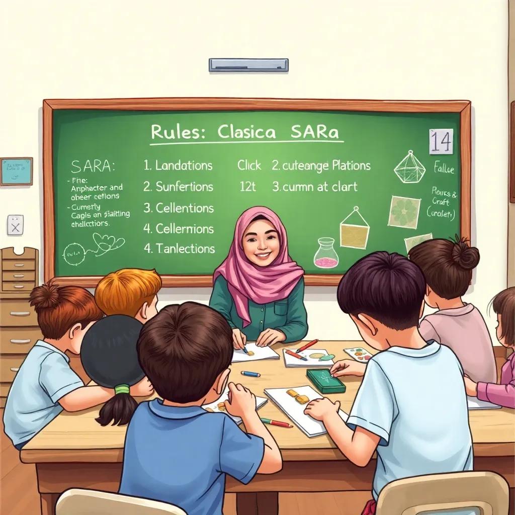 A colorful classroom showing rules on a blackboard, students working together on crafts, SARA, a young Arab woman with a warm smile, encouraging students, playful and energetic, fulfilling environment, illustration, cheerful, educational vibe, high quality