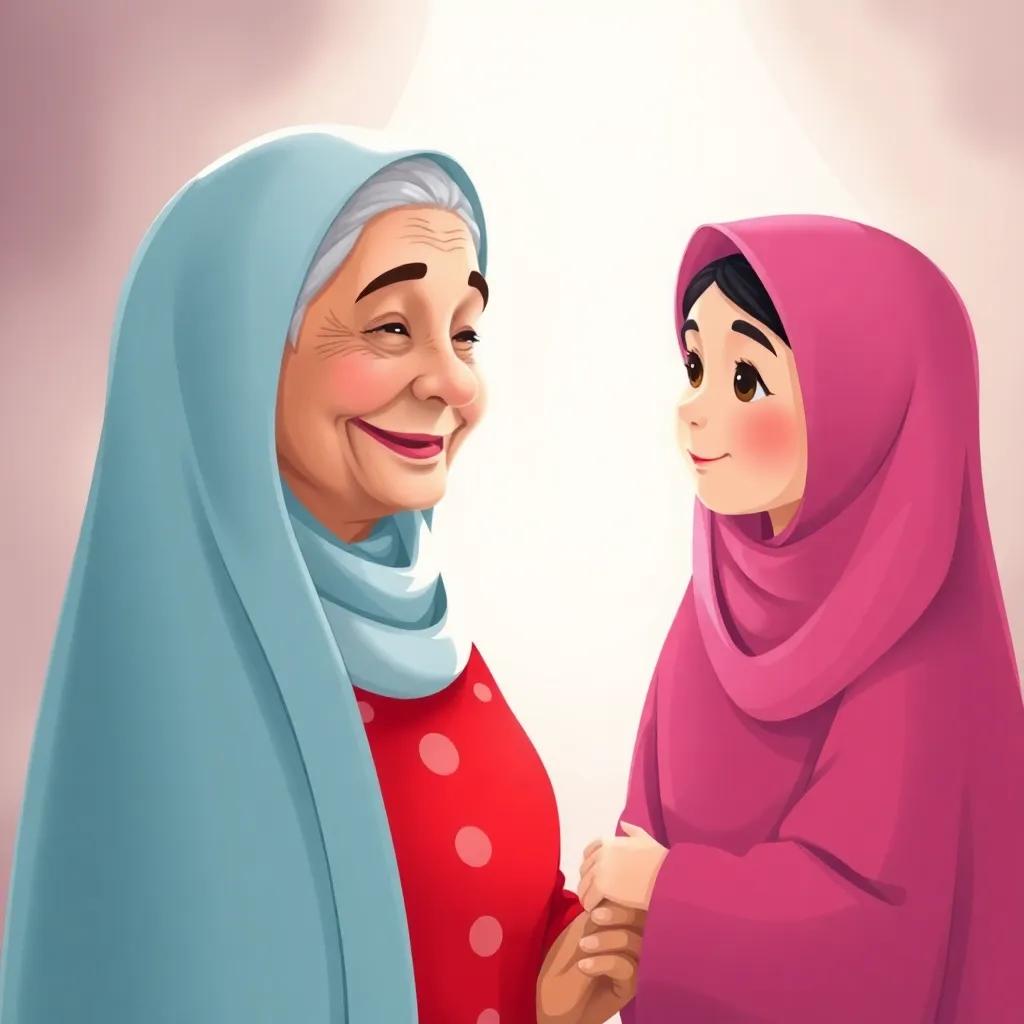 An older Emirati woman, Hasa, wearing a red Emirati dress with white dots and a traditional burqa, smiling at her granddaughter Sheikhah, ambient light, familial warmth, detailed illustration, heartwarming atmosphere.