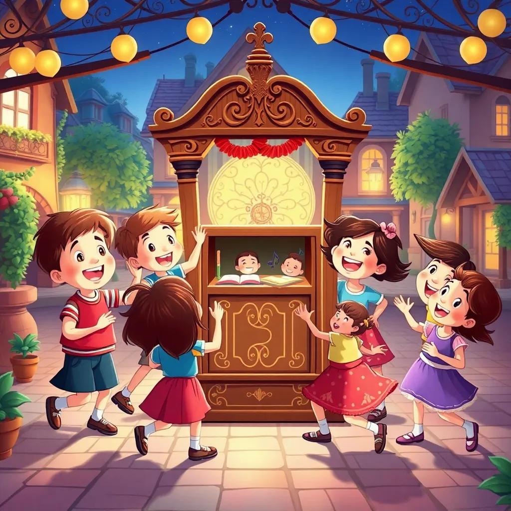 Children dancing and singing joyfully around the music box in the village square, with smiling faces and playful movements, lively colors, illustration, cheerful ambiance