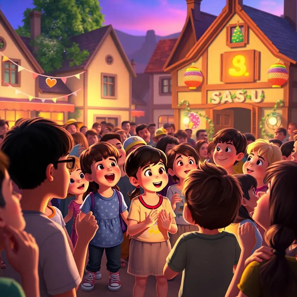 An excited crowd in the village square, eagerly watching the children's music performance with bright decorations and lively expressions, dynamic view, colorful, warm light
