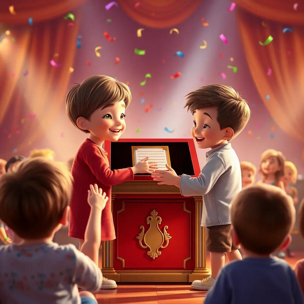 Children thanking the music box after their performance, feeling proud and happy, with colorful confetti in the air, heartwarming scene, rich colors, joyful atmosphere