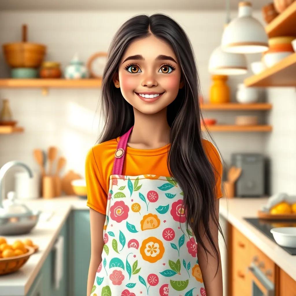 A young Arab girl, Leila, with long, dark hair, wearing a colorful apron, standing in a bright kitchen filled with baking supplies, smiling and looking excited, digital art, cheerful, warm colors, inviting atmosphere, high quality