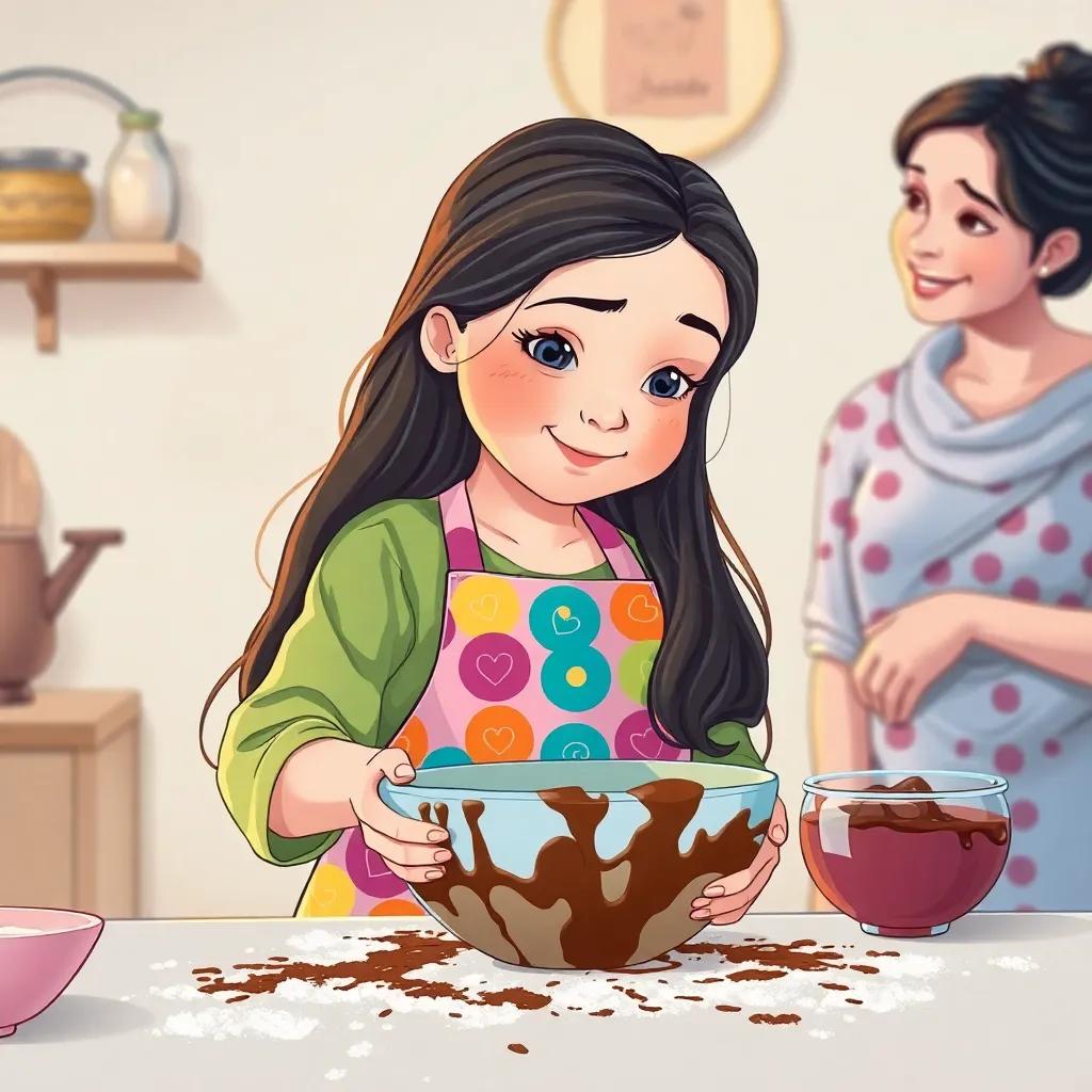 Leila, a young Arab girl, with long, dark hair in a colorful apron, mixing ingredients in a bowl with flour and chocolate splattered around, her mother watching and smiling from the side, illustration, fun, homey feel, child-friendly