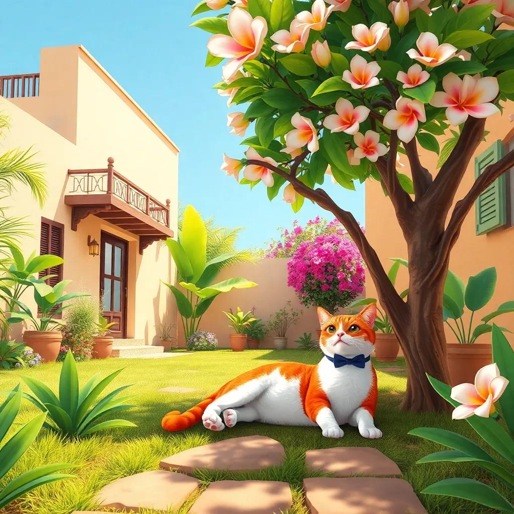 A warm, sunny garden in Muscat, featuring a stylish red-haired cat named Suni lounging under a Plumeria tree, digital art, vibrant colors, inviting atmosphere, high quality