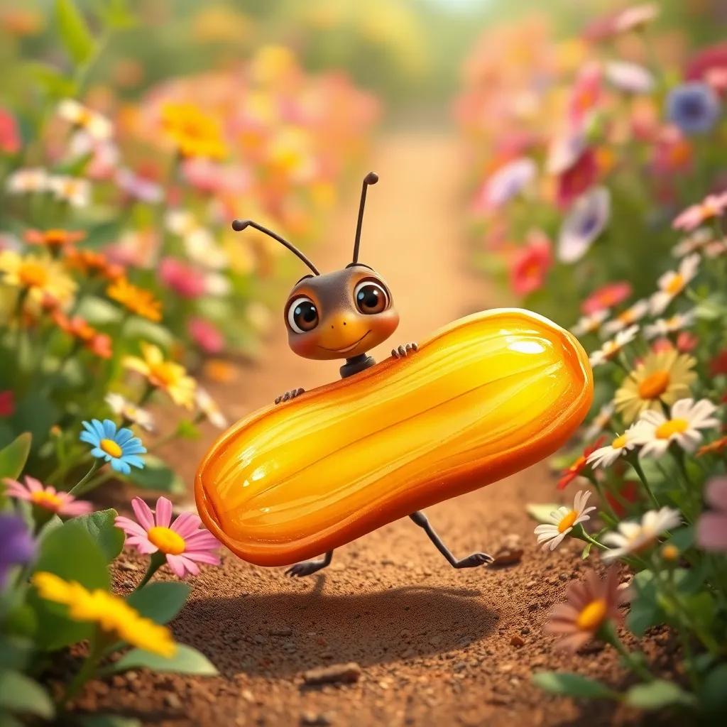 A small determined ant named Ary carrying a huge piece of date in a busy garden, with colorful flowers around, bright light, cheerful, child-friendly perspective, high quality