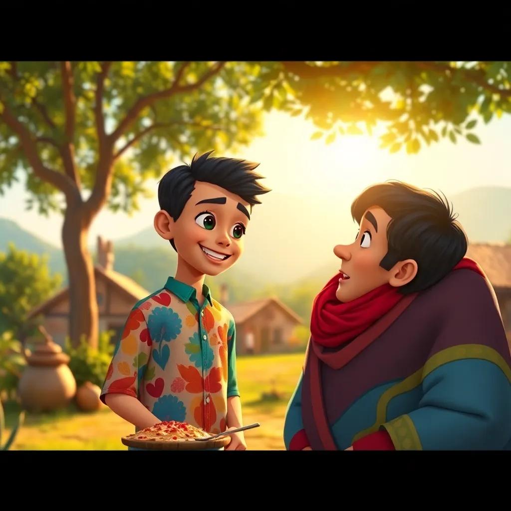 A picturesque village setting with a young Arab boy named Suhaib, with short black hair and wearing a colorful shirt, eagerly asking his father Kamal about dessert recipes, warm sunlight filtering through trees, joyful and vibrant atmosphere, digital art, cheerful colors, high quality